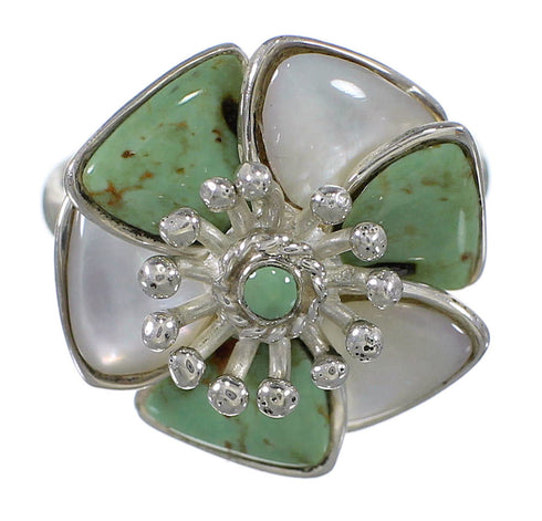 Turquoise Mother Of Pearl Sterling Silver Southwestern Flower Ring Size 7-3/4 QX75775